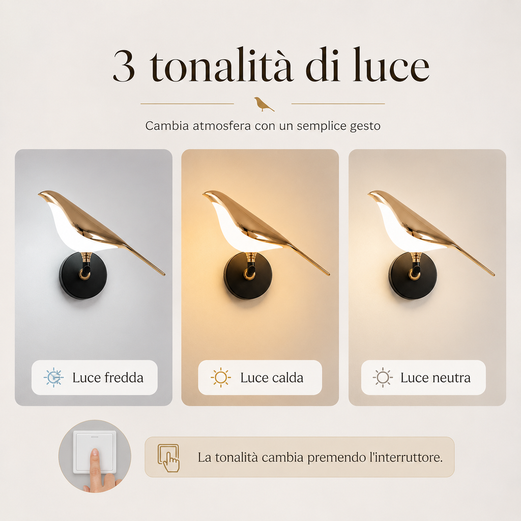 Luma Bird – Applique LED decorativa oro e nero