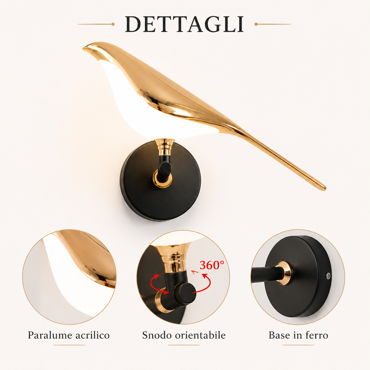 Luma Bird – Applique LED decorativa oro e nero