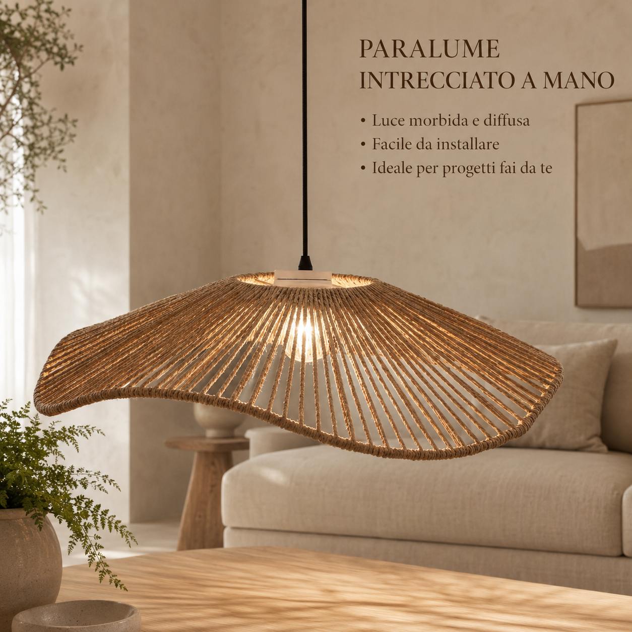 Paralume in corda intrecciata a mano,